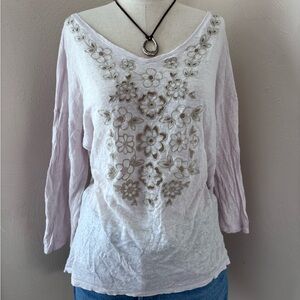 J. Jill Linen Sheer Pink Floral Embroidered Blouse